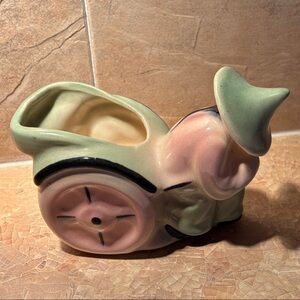 Vintage Ceramic Wheelbarrow Planter - Green and Pink